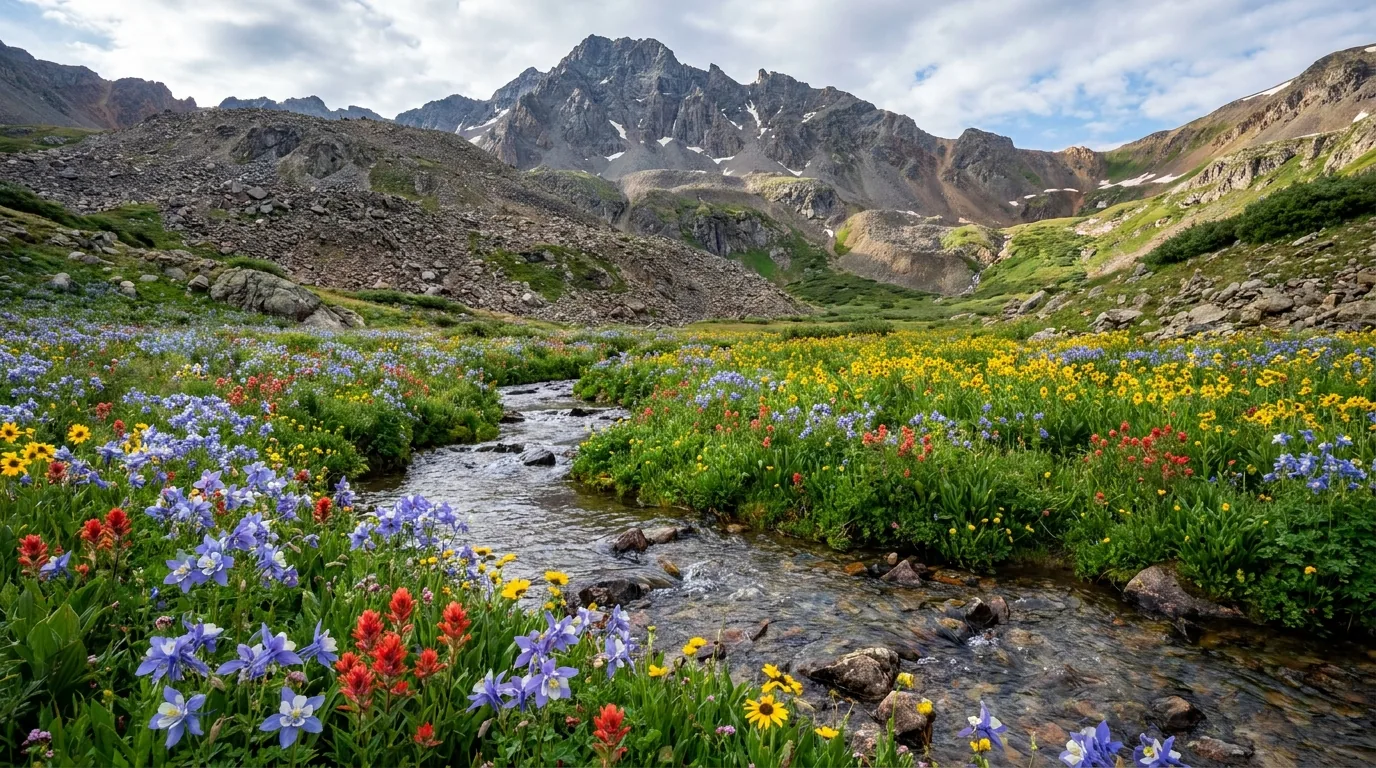 A high alpine basin carpeted with dense wildflowers below steep talus slopes and a 14,000 foot summit ridge, a rough dirt spur road climbing into it, morning light, San Juan Mountains Colorado, ultrarealistic photograph representative of the region