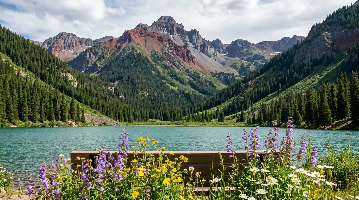 A deep turquoise alpine lake in a steep cirque below a rugged 14,000 foot peak, scattered conifers and talus around the shoreline, clear morning light, San Juan Mountains Colorado, ultrarealistic photograph representative of the region