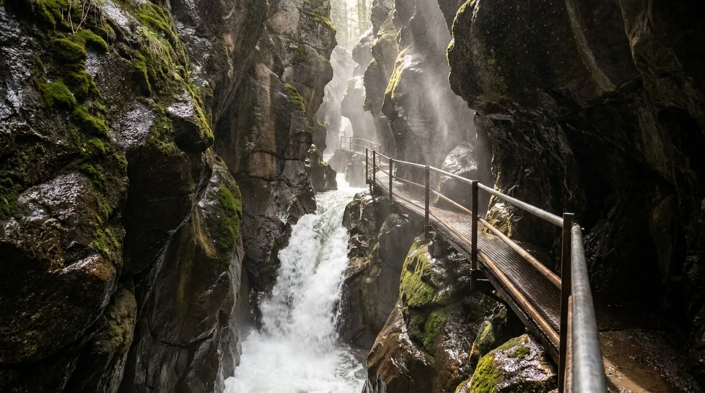 A powerful waterfall thundering through an extremely narrow dark slot canyon with wet rock walls and a bridged metal walkway bolted to the side, spray in the air, Ouray Colorado, ultrarealistic photograph representative of the region