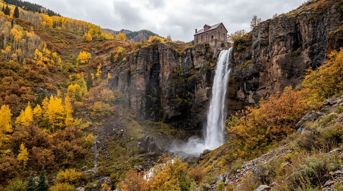 A tall free-falling waterfall dropping down a sheer cliff at the head of a box canyon with a historic stone power house perched at the lip and a narrow shelf road switchbacking below, warm light, Telluride Colorado, ultrarealistic photograph representative of the region