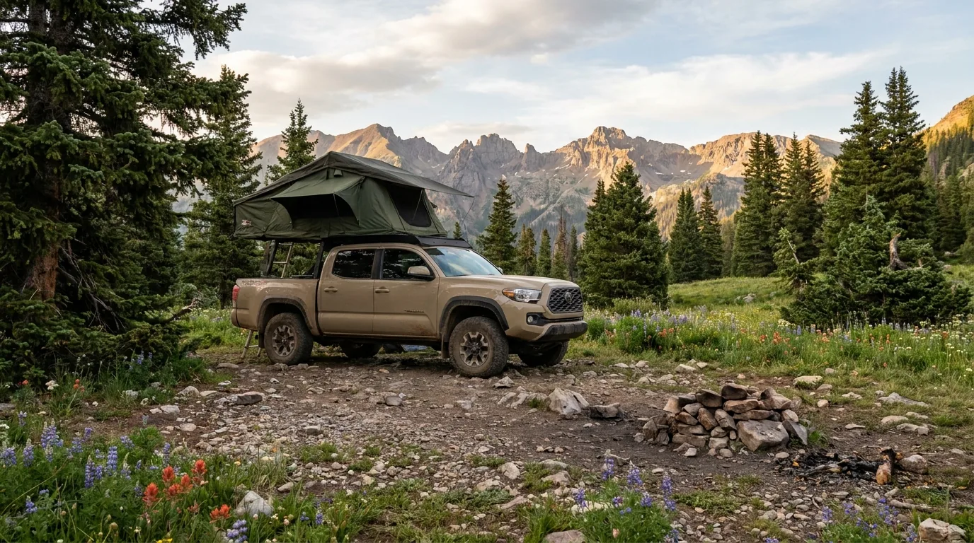 An overland rig with a rooftop tent parked on an existing pull-off in a high conifer clearing below alpine peaks, no fire ring in use, a camp stove on the tailgate, golden evening light, San Juan Mountains Colorado, ultrarealistic photograph representative of the region