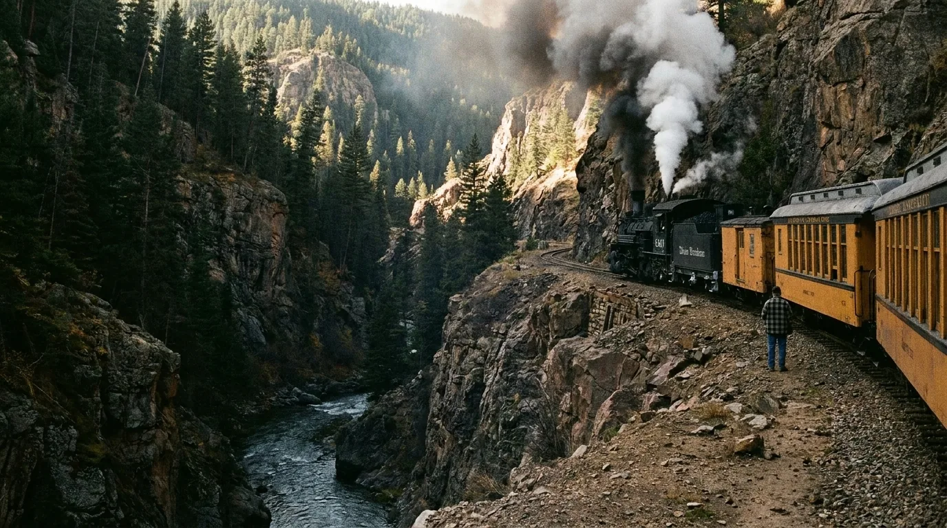 A coal-fired narrow gauge steam locomotive hauling vintage carriages along a ledge cut high above a river gorge with steep forested walls, smoke trailing, warm light, Animas Canyon Colorado, ultrarealistic photograph representative of the region