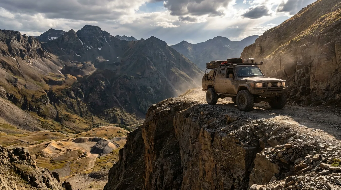 A narrow rocky shelf road switchbacking across a steep alpine slope toward a high saddle above 12,000 feet, no guardrail, remnant snow patches and jagged peaks beyond, San Juan Mountains Colorado, ultrarealistic photograph representative of the region