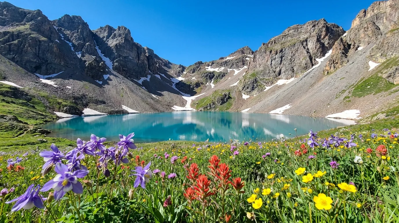 An intensely turquoise alpine lake sitting in a high basin ringed by steep dark peaks and lingering snowfields, wildflowers on the shoreline benches, clear morning light, San Juan Mountains Colorado, ultrarealistic photograph representative of the region