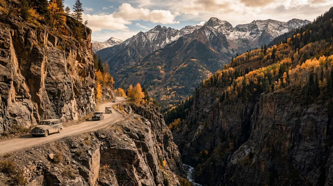 A narrow two-lane paved mountain highway cut into a sheer cliff face with no guardrail, a sheer drop directly off the fog line into a deep gorge, red iron-stained peaks above, warm afternoon light, US 550 Colorado, ultrarealistic photograph representative of the region