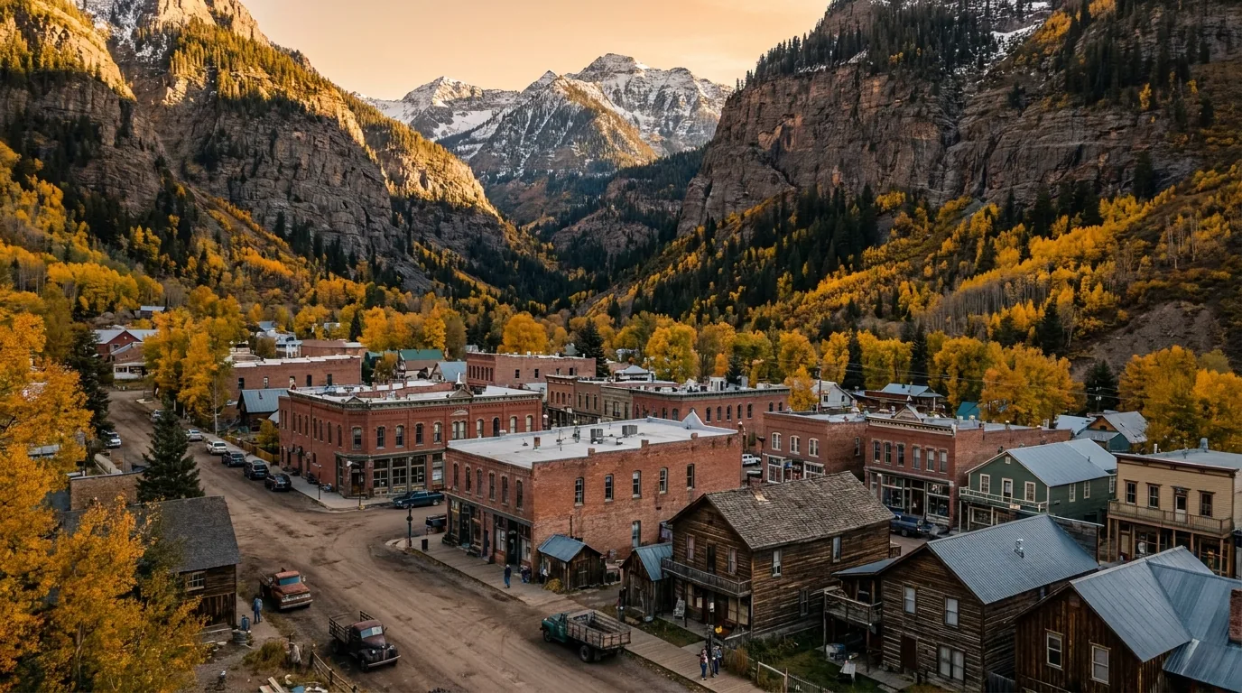A small Victorian mountain town tucked tight into the floor of a box canyon with sheer cliff walls rising on three sides and waterfalls visible in the gorge above, warm evening light, Ouray Colorado, ultrarealistic photograph representative of the region