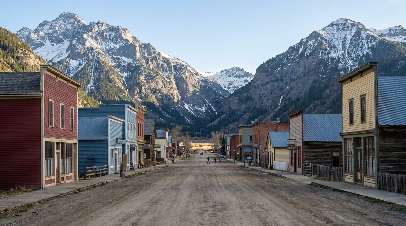 A small high-altitude mining town of low colourful storefronts on a wide dirt main street, ringed tightly by steep bare peaks, late afternoon light, Silverton Colorado, ultrarealistic photograph representative of the region