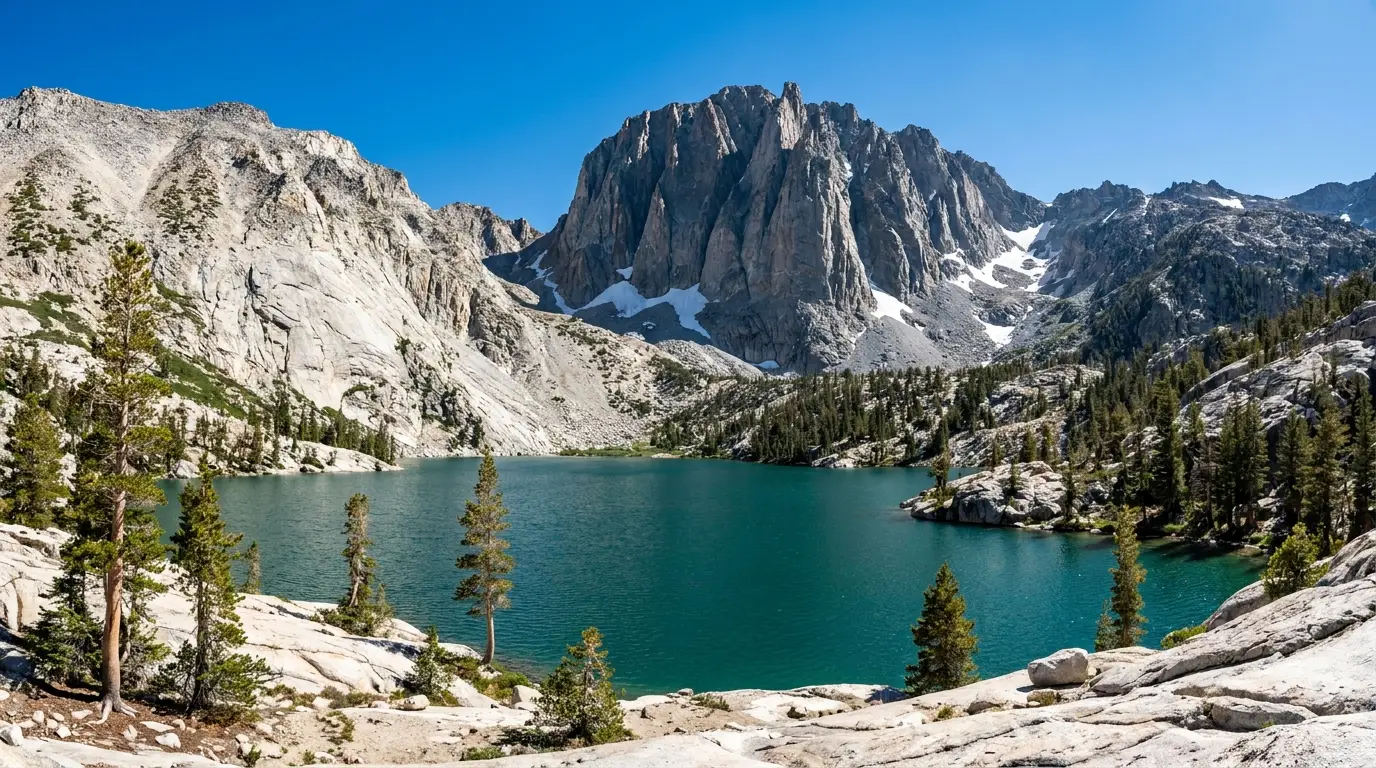 A turquoise alpine lake ringed by pale granite slabs and scattered pines, a towering rock buttress rising sharply above the far shore, patches of snow in the shaded couloirs under a bright blue sky, Alice Lake Sawtooth Wilderness Idaho, ultrarealistic photograph representative of the region