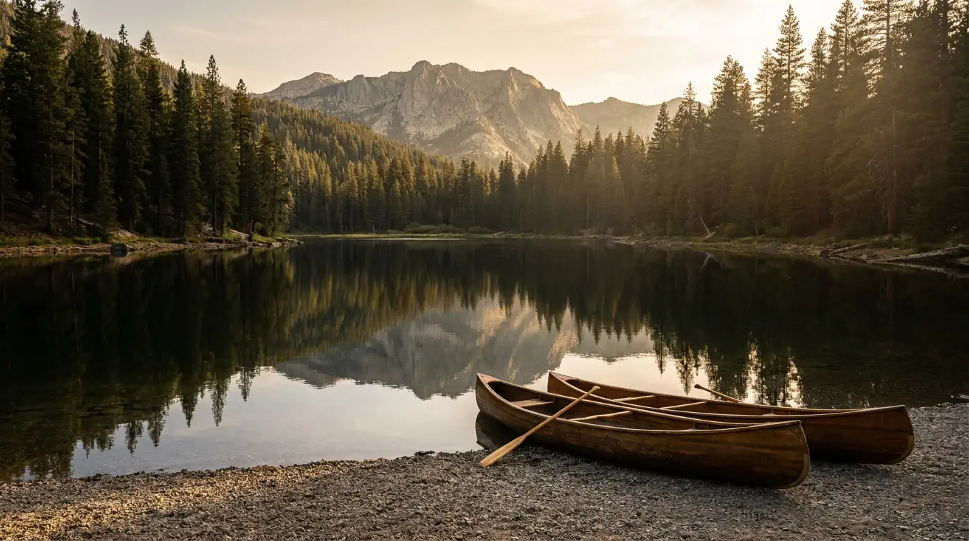 A long calm lake reflecting forested slopes and a distant granite skyline, a quiet gravel shoreline with canoes pulled up and no crowds, warm still evening light, Alturas Lake Sawtooth Idaho, ultrarealistic photograph representative of the region