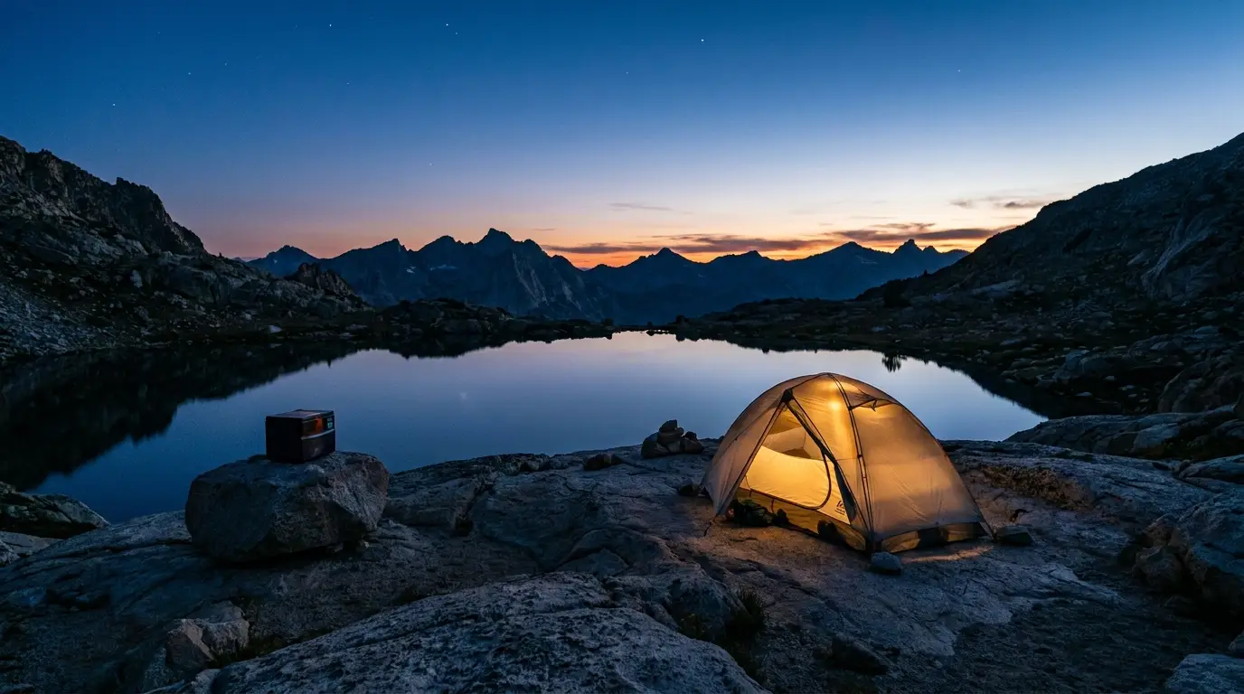 A small backpacking tent pitched on a granite bench above a still alpine lake at dusk, a bear-proof food canister set on a rock away from the tent, jagged peaks silhouetted against a deep blue sky, Sawtooth Wilderness Idaho, ultrarealistic photograph representative of the region
