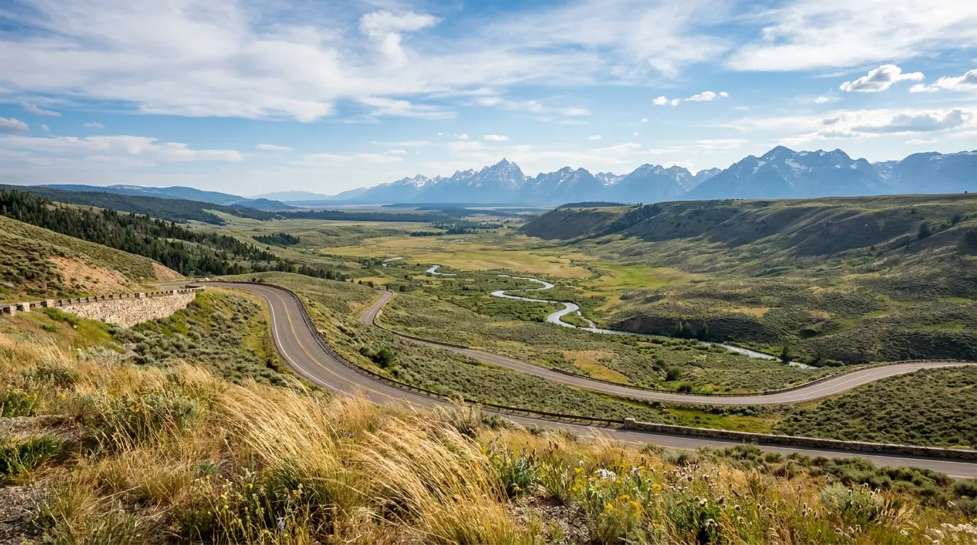 A high mountain highway overlook with switchbacks descending into a vast green and sage valley, a distant serrated mountain range on the horizon and the thin silver thread of a river winding across the basin floor, Galena Summit Overlook Sawtooth Scenic Byway Idaho, ultrarealistic photograph representative of the region