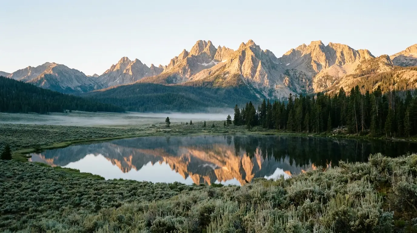 A wall of jagged granite peaks rising abruptly above a broad sagebrush basin and a still alpine lake, dark conifer forest along the shore, warm early light raking across the Sawtooth Range, Stanley Basin Idaho, ultrarealistic photograph representative of the region