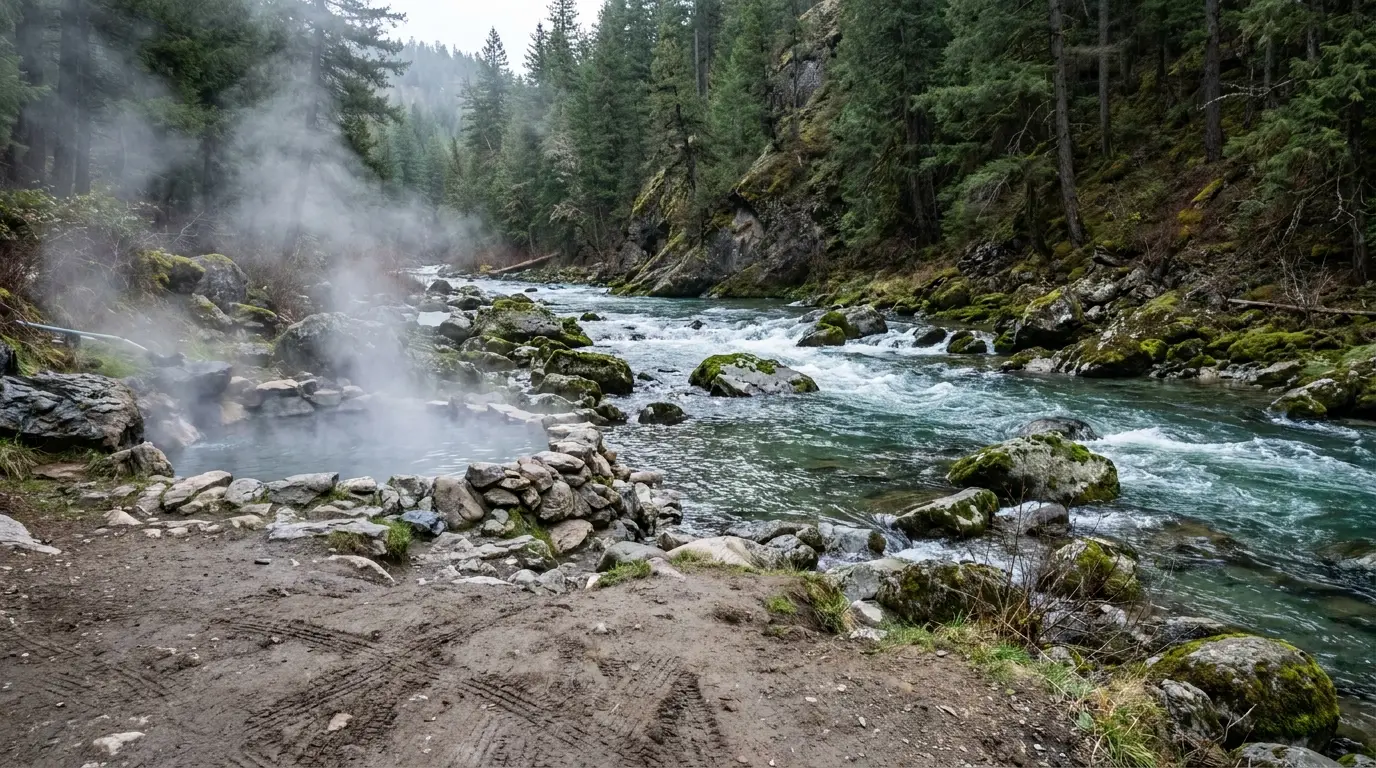 A steaming primitive rock-lined hot pool at the edge of a fast clear river, mist rising in cool air, forested canyon walls behind and a rough dirt pullout nearby, Salmon River hot springs near Stanley Idaho, ultrarealistic photograph representative of the region