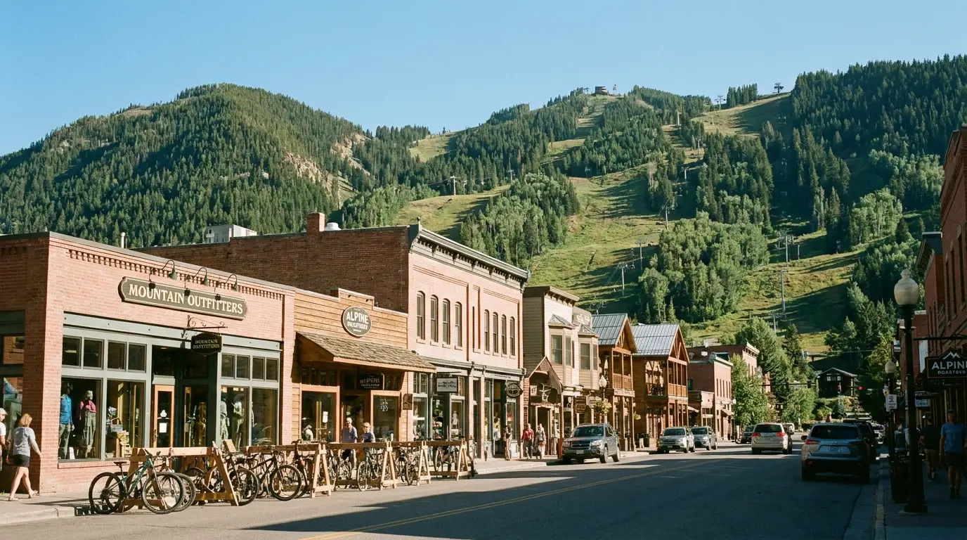 A tidy resort-town main street of low brick and timber storefronts with mountain-gear shops and cafes, a forested ski mountain rising directly behind the town under clear sky, bikes parked along the sidewalk, Ketchum Sun Valley Idaho, ultrarealistic photograph representative of the region
