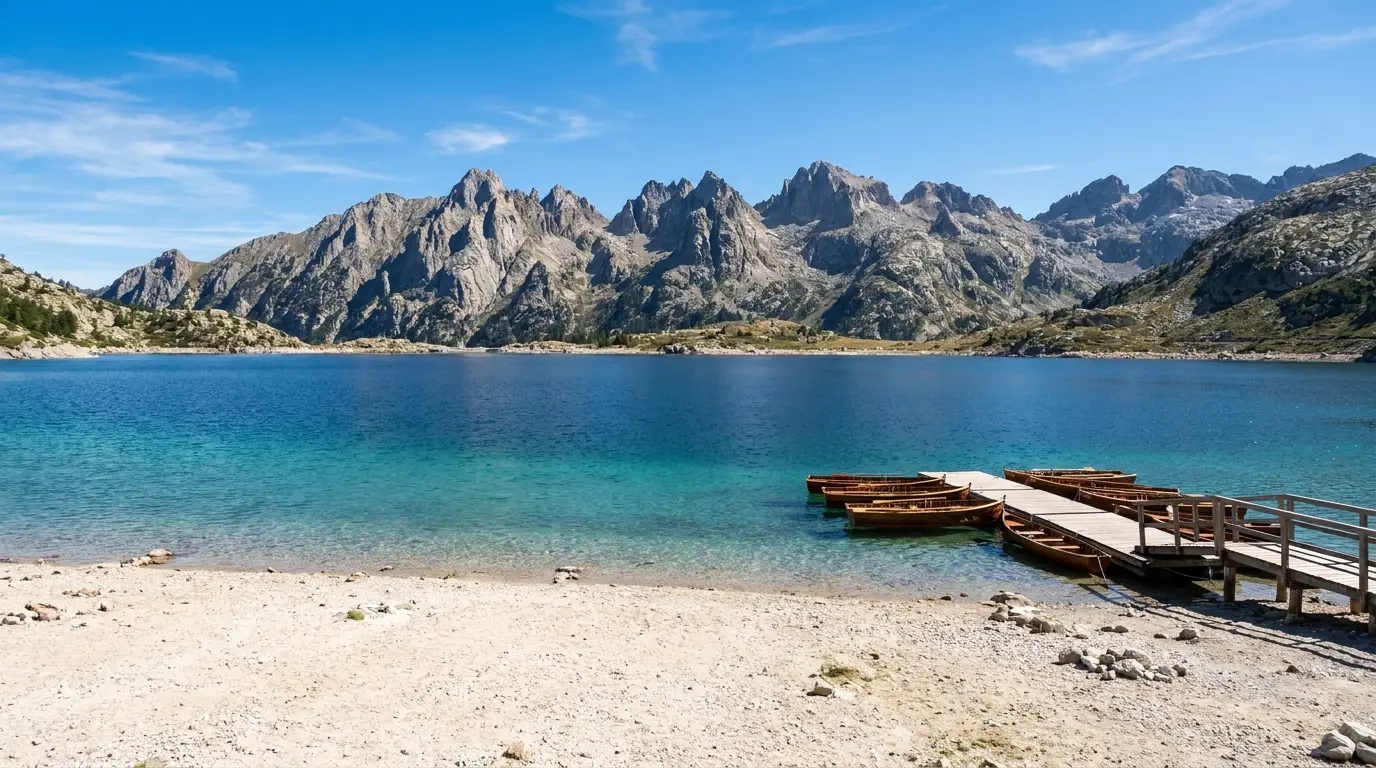 A large clear alpine lake with a beach of pale sand in the foreground, a marina with small boats, and a dramatic line of sharp granite peaks rising directly behind the far shore under blue sky, Redfish Lake Sawtooth Idaho, ultrarealistic photograph representative of the region