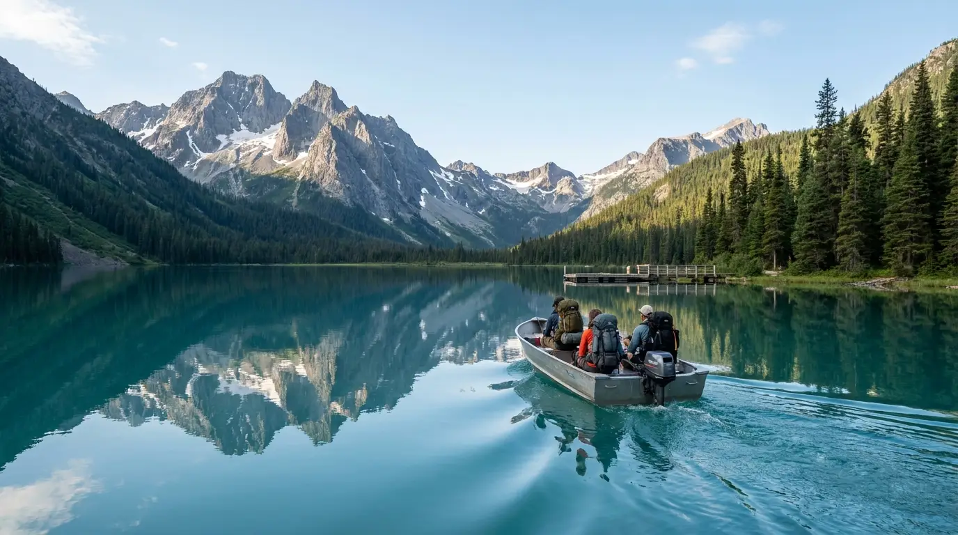 A small open passenger boat crossing a clear mountain lake toward a dock at the far shore, backpackers aboard with packs, sharp granite peaks reflected in the calm water, Redfish Lake Sawtooth Idaho, ultrarealistic photograph representative of the region