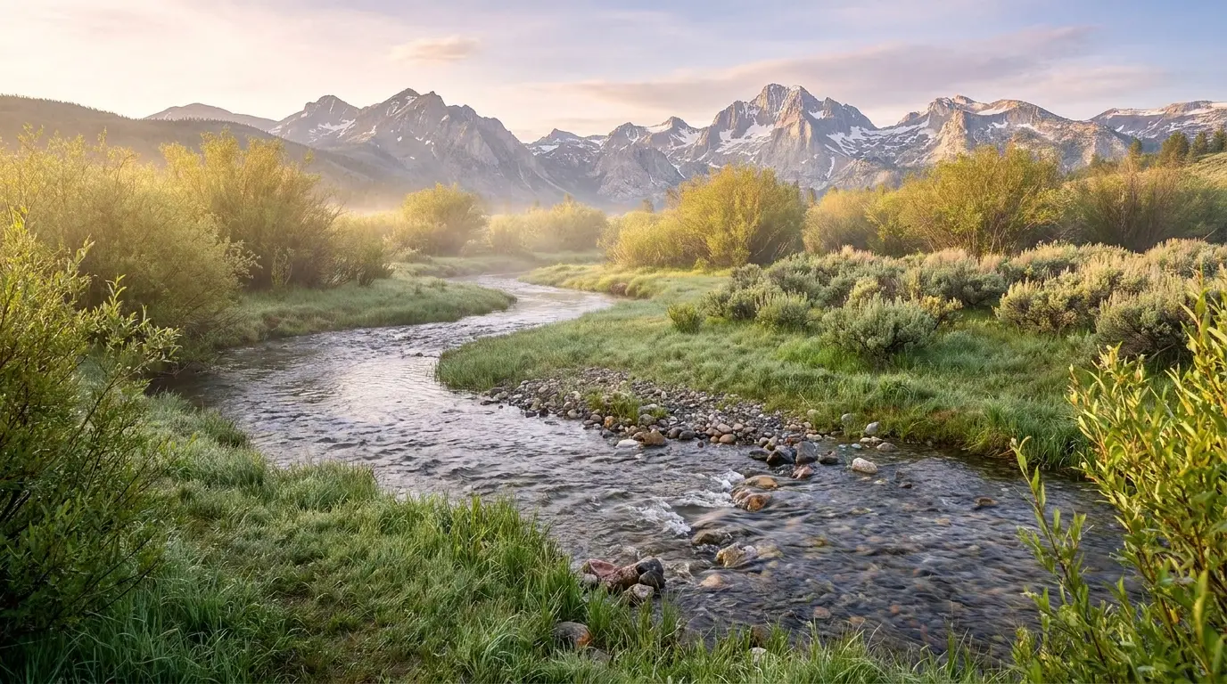 A young clear mountain river winding through a broad open valley of green meadow and sagebrush, willows along the banks, jagged granite peaks rising in the distance under soft morning light, upper Salmon River Stanley Basin Idaho, ultrarealistic photograph representative of the region