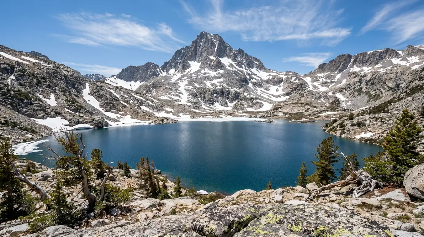 A large deep-blue alpine lake held in a granite basin directly beneath a pyramid-shaped peak, patches of old snow on the surrounding slopes and stunted pines along the rocky shore under a bright high-altitude sky, Sawtooth Lake Idaho, ultrarealistic photograph representative of the region