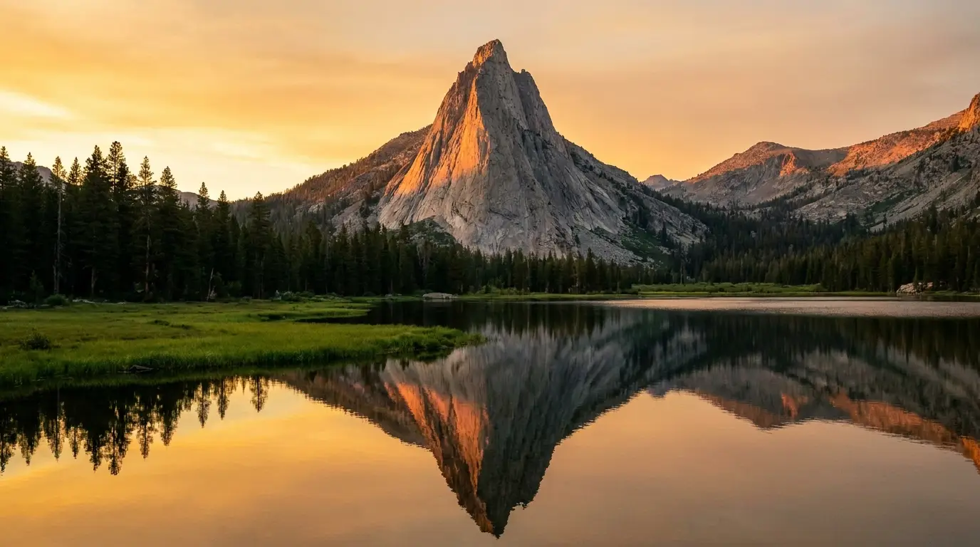 A calm lake reflecting a single massive granite peak with a pointed summit, a green meadow and dark forest along the near shore, warm evening light on the mountain face, Stanley Lake and McGown Peak Sawtooth Idaho, ultrarealistic photograph representative of the region