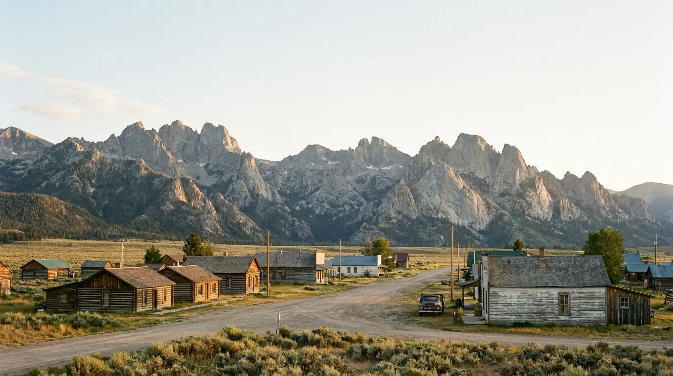A tiny mountain town of low log and clapboard buildings scattered across a broad sagebrush basin, a wall of jagged peaks rising directly behind, dirt side streets and a wide empty sky, Stanley Idaho, ultrarealistic photograph representative of the region