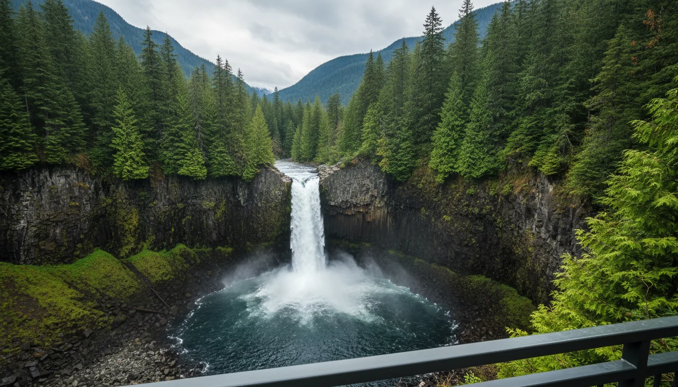 A slender waterfall dropping from a basalt lip into a deep forested bowl, viewed from a wooden platform, Brandywine Falls, illustrative render in the series style