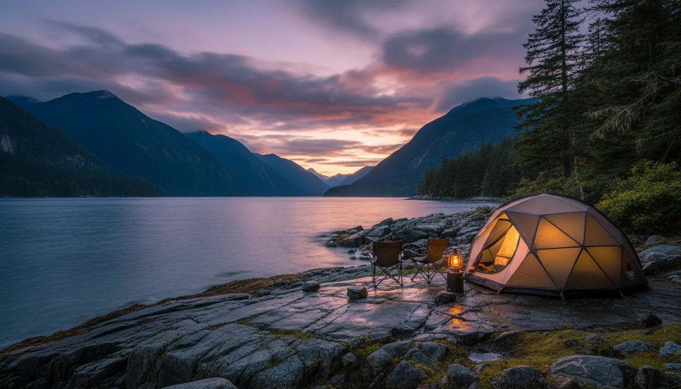 A camp set among tall coastal firs with a rig and an awning, evening light through the trees, illustrative render in the series style