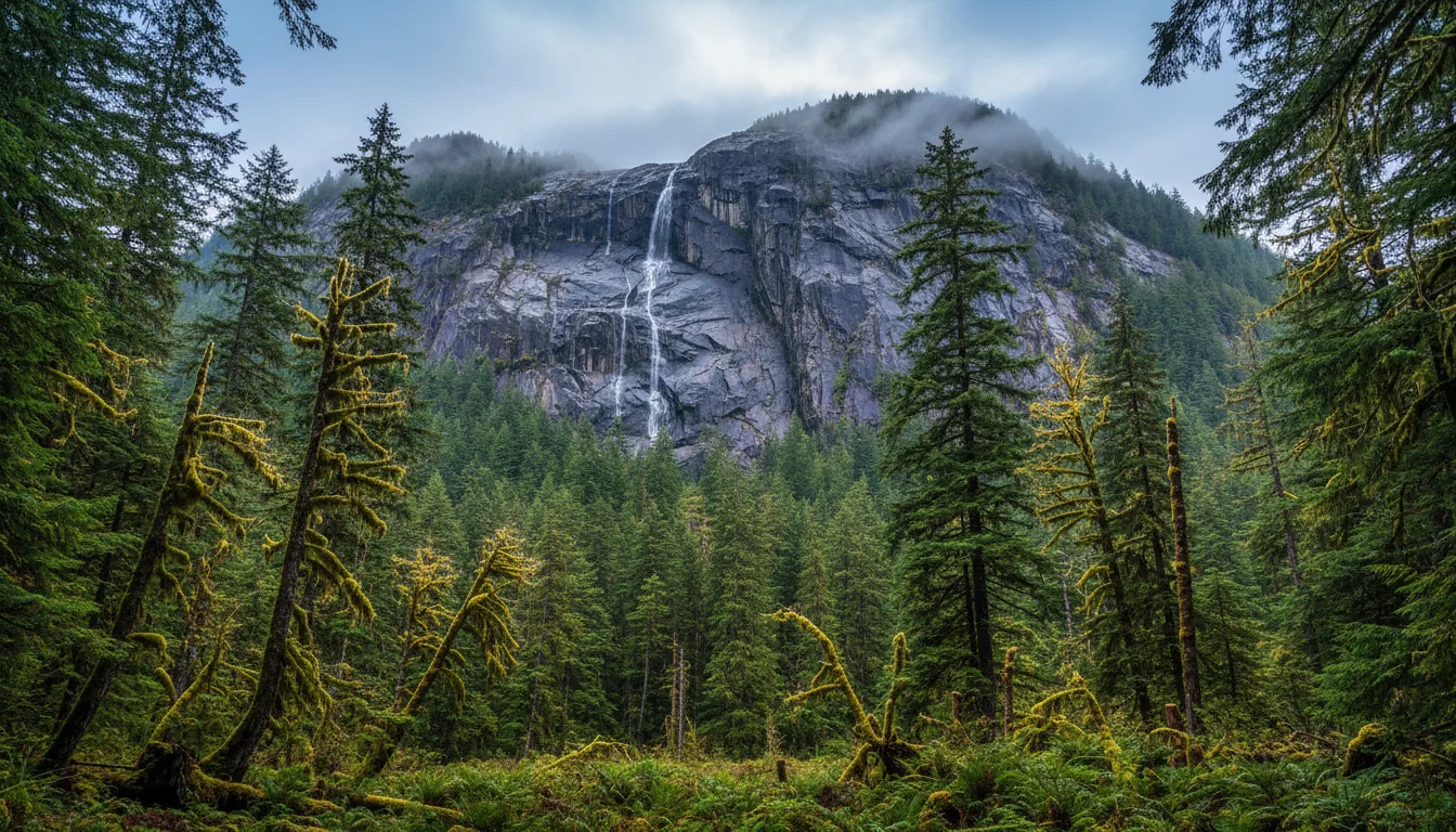 A vast granite monolith rising straight from the forest above a coastal inlet, the Stawamus Chief above Squamish, illustrative render in the series style