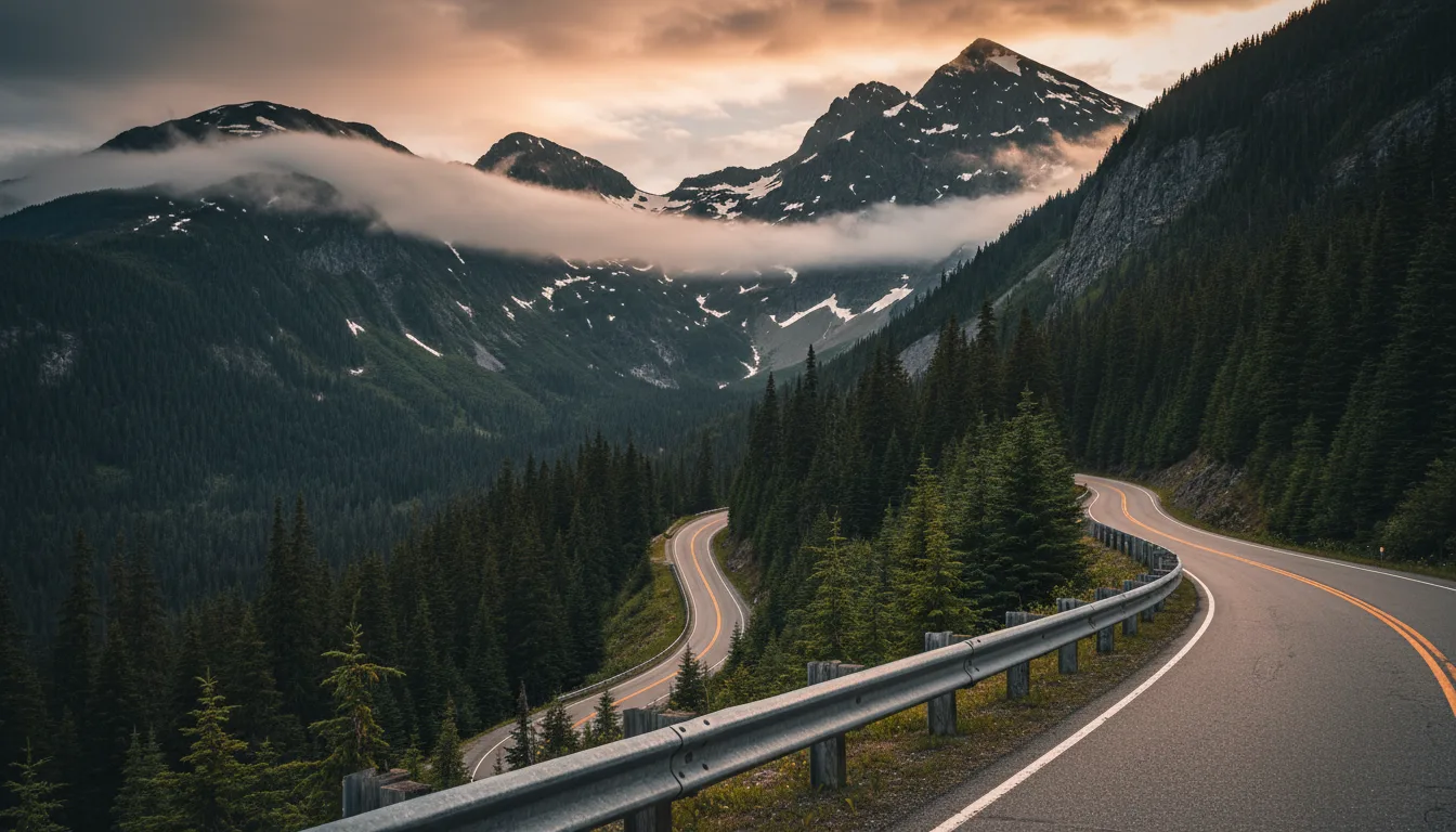 A narrow mountain highway switchbacking down a steep forested valley toward a long turquoise lake, the Duffey Lake Road, illustrative render in the series style