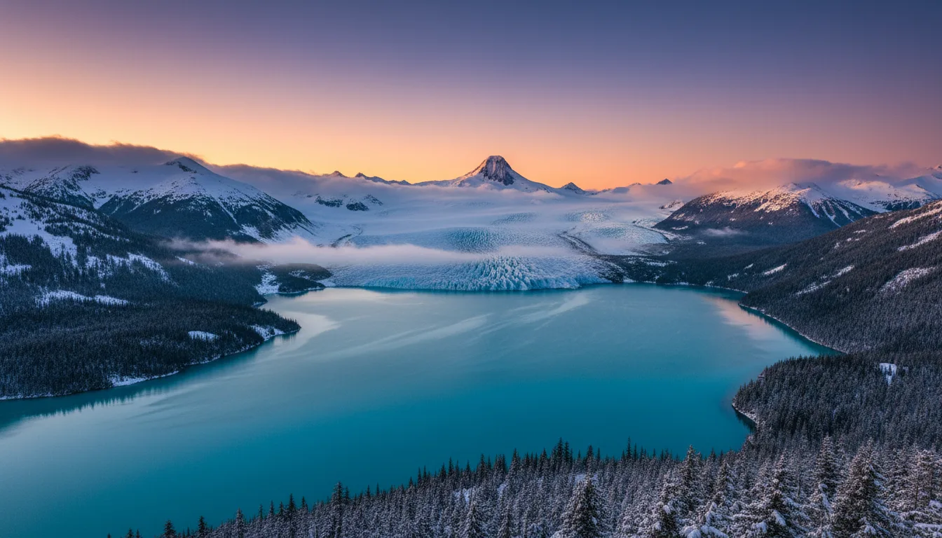 A vivid turquoise alpine lake beneath glaciated peaks with a dark volcanic spire beyond, Garibaldi Lake and Black Tusk, illustrative render in the series style