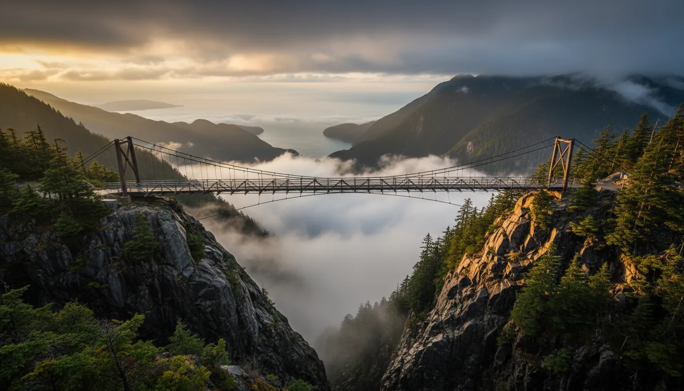 A gondola cabin rising above coastal forest toward a ridge-top suspension bridge over an inlet, the Sea to Sky Gondola, illustrative render in the series style