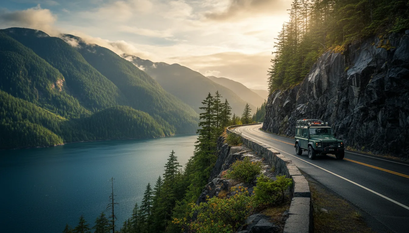 An overland rig on Highway 99 above Howe Sound with granite walls rising into cloud, the Sea-to-Sky corridor at golden hour, illustrative render in the series style