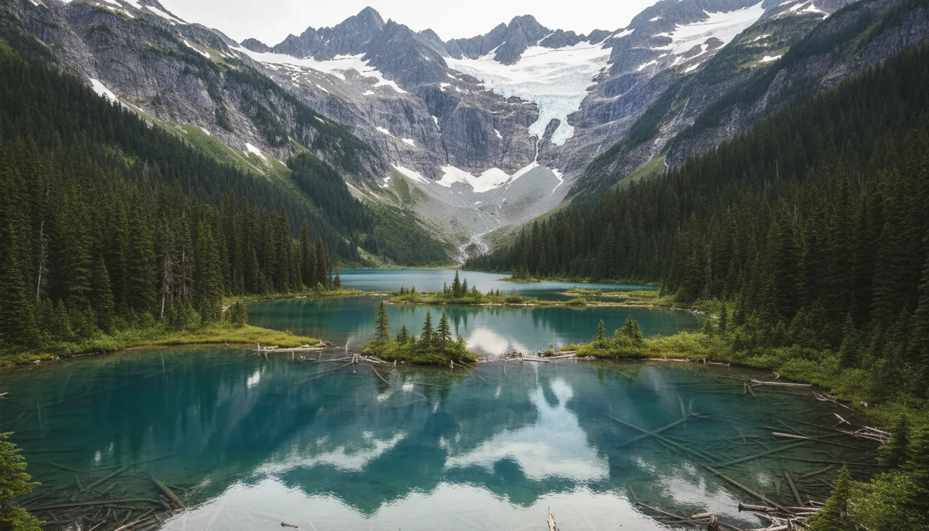 A chain of intensely turquoise glacier-fed lakes stepping up a valley beneath a hanging glacier, Pipi7íyekw / Joffre Lakes, illustrative render in the series style