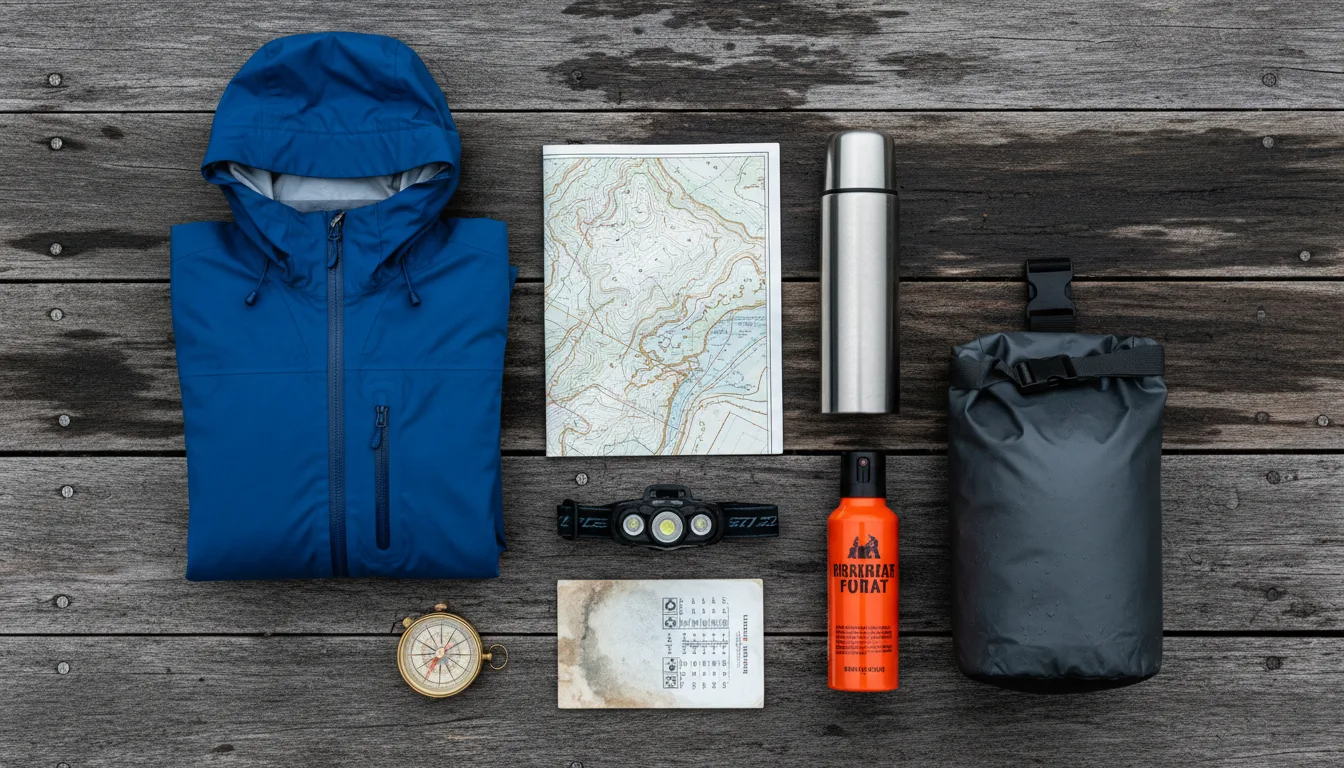 Overhead flat lay of corridor kit: a satellite communicator, bear spray in a hip holster, a metal avalanche shovel, tyre plug kit and a paper map, illustrative render in the series style