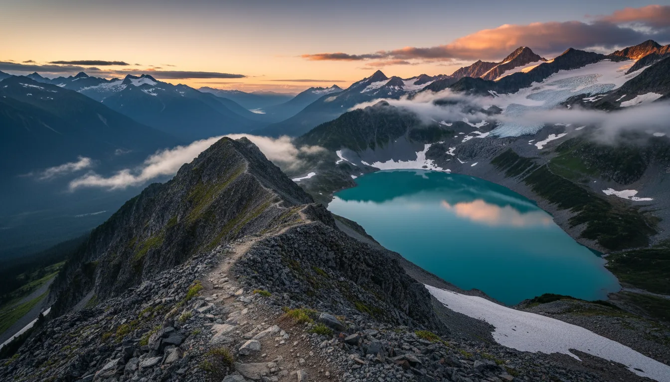 Hikers on a high ridge above a vast turquoise lake with glaciated peaks beyond, Panorama Ridge above Garibaldi Lake, illustrative render in the series style