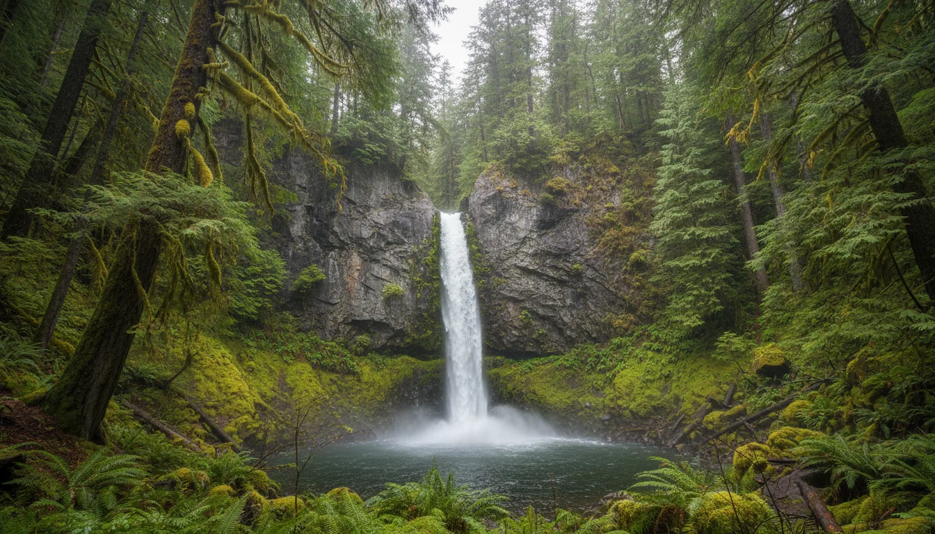 A very tall waterfall dropping down a mossy granite wall into a pool surrounded by coastal forest, Shannon Falls, illustrative render in the series style