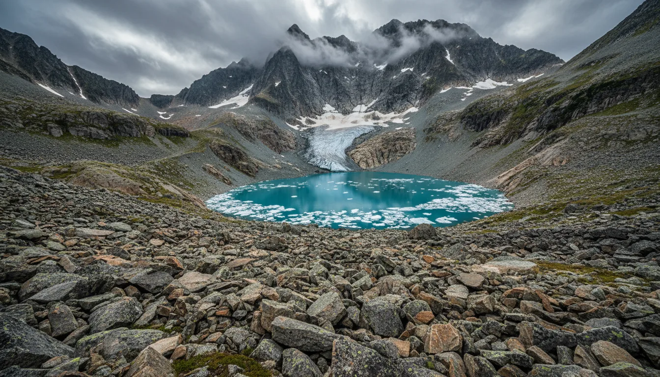 A steep boulder-strewn alpine basin holding a small glacial lake below a hanging glacier, Wedgemount Lake, illustrative render in the series style
