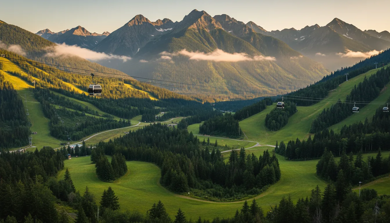 A resort village below two glaciated peaks with a gondola line crossing a deep green valley, Whistler in late summer, illustrative render in the series style