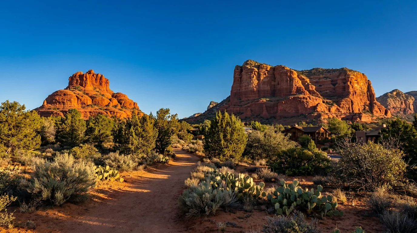 Bell Rock's rounded bell-shaped butte and the broad flat-topped Courthouse Butte side by side in warm morning light, a sandy trail winding through green scrub toward the red formations, deep blue sky, Village of Oak Creek Sedona Arizona, ultrarealistic photograph representative of the region