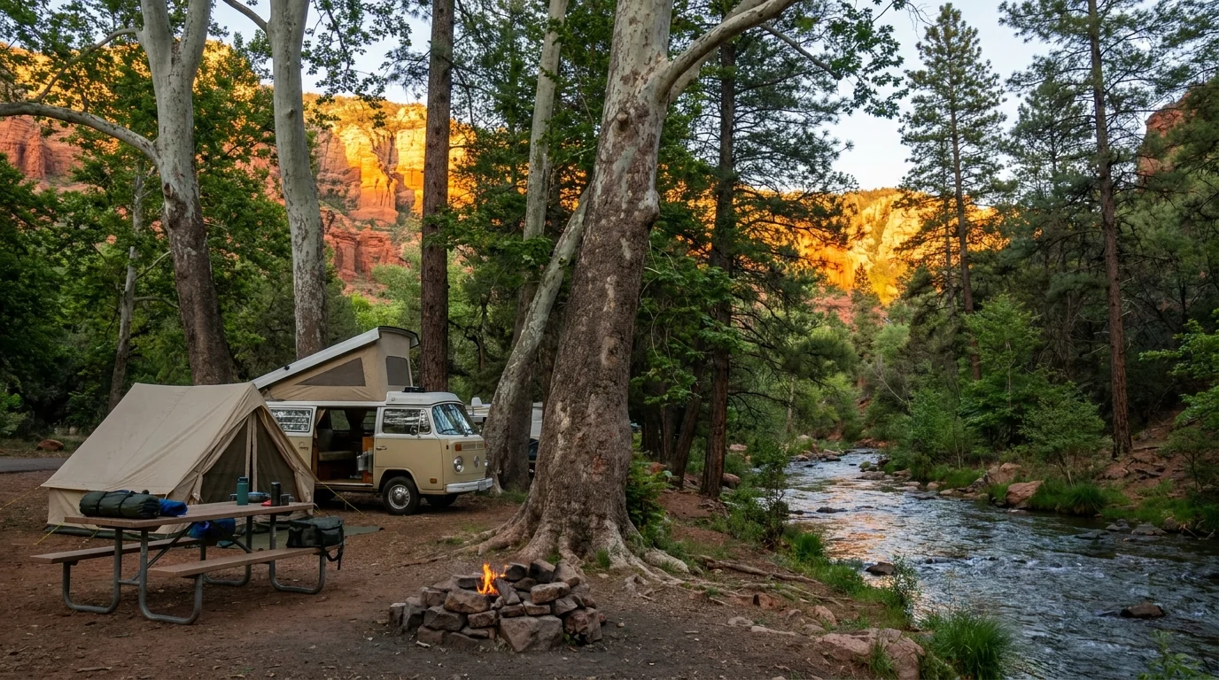 A quiet campsite with a camper van and tent among tall sycamores and pines beside a clear creek, red canyon walls catching low golden evening light beyond the trees, picnic table and fire ring, Oak Creek Canyon Arizona, ultrarealistic photograph representative of the region