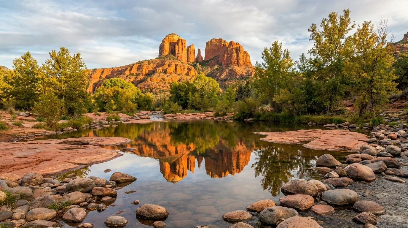 Cathedral Rock's twin red sandstone towers reflected in a calm bend of Oak Creek at Red Rock Crossing, warm afternoon light, green cottonwoods along a smooth rock streambed, Sedona Arizona, ultrarealistic photograph representative of the region