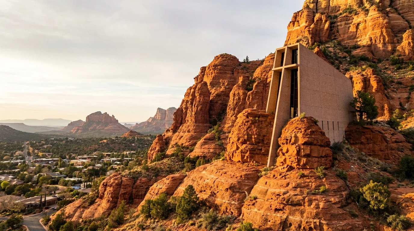 A modernist concrete chapel with a tall cross built directly into towering red sandstone rock, perched above the desert with sweeping views of red buttes and the town below, warm afternoon light, Chapel of the Holy Cross Sedona Arizona, ultrarealistic photograph representative of the region