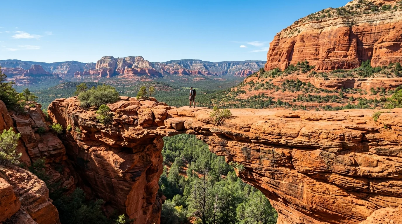A large natural red sandstone arch spanning a gap high above a desert canyon, a lone hiker standing on top for scale, layered red-rock mesas and green pinyon-juniper to the horizon under blue sky, Devil's Bridge Sedona Arizona, ultrarealistic photograph representative of the region