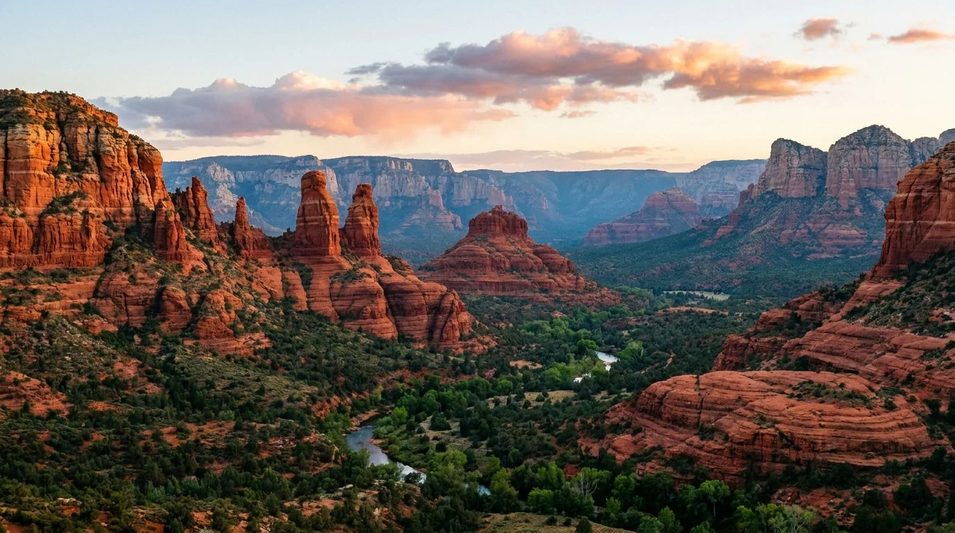 Red sandstone buttes and spires glowing deep orange at sunset above a green ribbon of Oak Creek and juniper, layered cliffs fading into blue haze, Sedona Red Rock Country Arizona, ultrarealistic photograph representative of the region