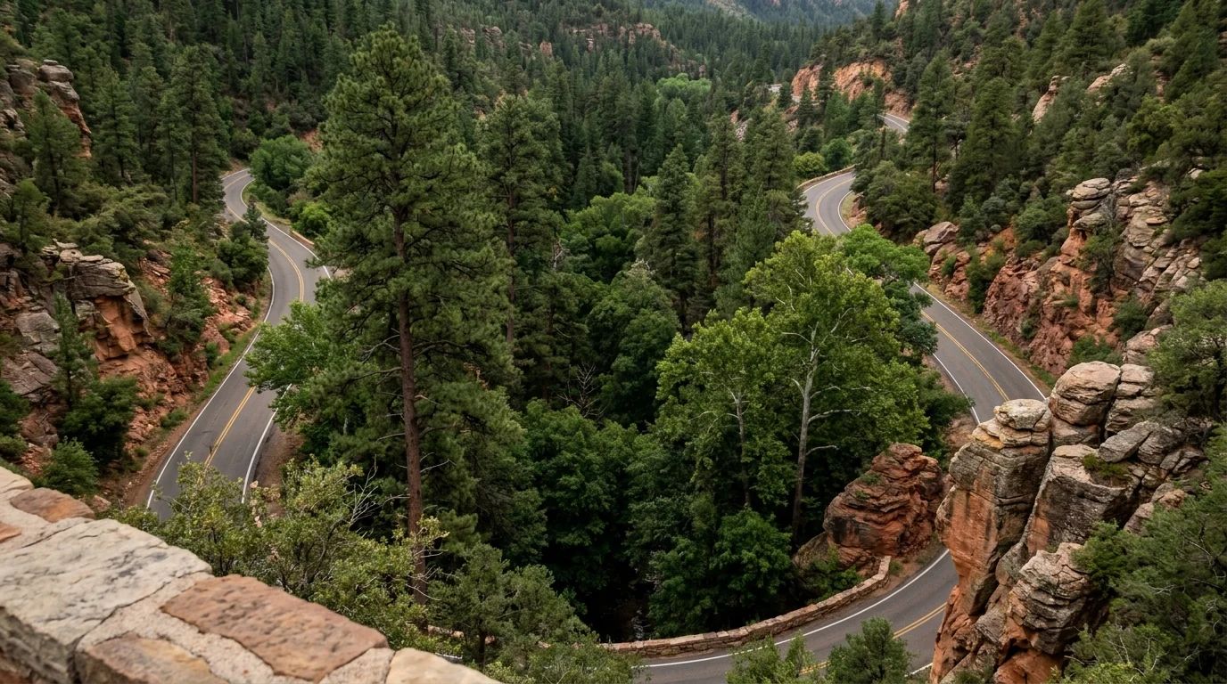 The switchbacking SR-89A highway descending a lush canyon of tall ponderosa pines, sycamores and red-and-buff cliffs seen from the Oak Creek Vista overlook, deep green forest on the canyon floor, Oak Creek Canyon Arizona, ultrarealistic photograph representative of the region