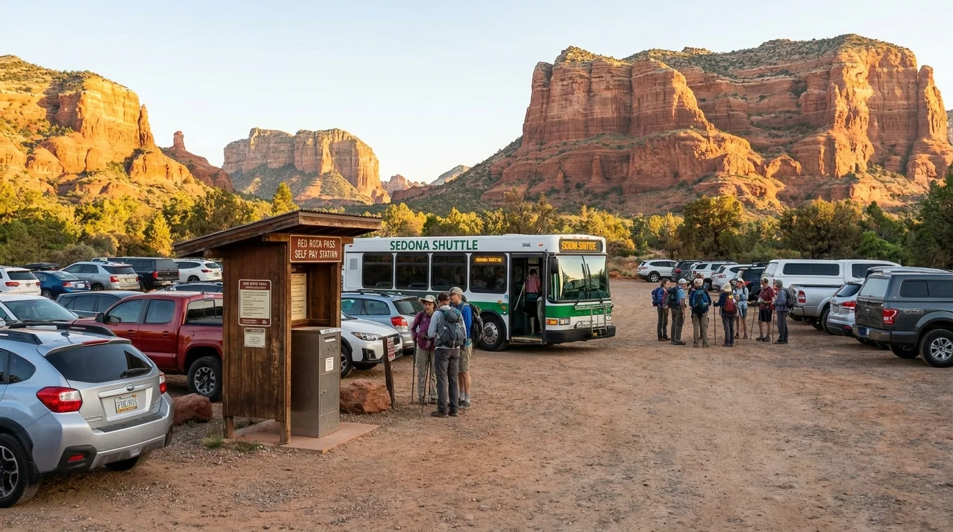A crowded Sedona trailhead parking lot full of cars beside a Red Rock Pass fee station and a shuttle bus, hikers with daypacks gathering under red-rock buttes in morning sun, Sedona Arizona, ultrarealistic photograph representative of the region