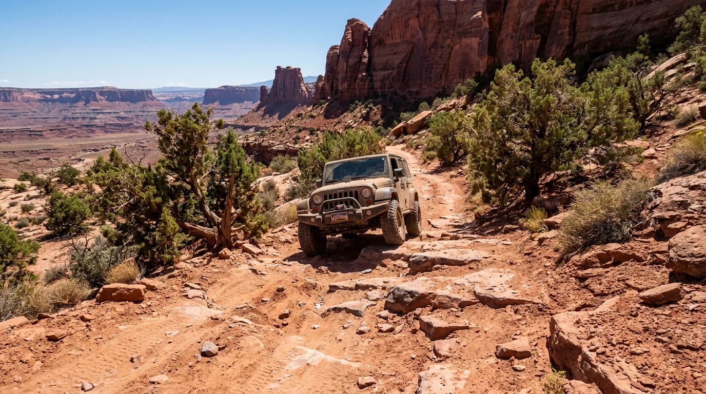 A rough rocky red-dirt four-wheel-drive road climbing steep slickrock ledges toward a wall of red Sedona cliffs, a jeep picking its way over the rock steps, sparse junipers and big canyon views, Schnebly Hill Road Sedona Arizona, ultrarealistic photograph representative of the region