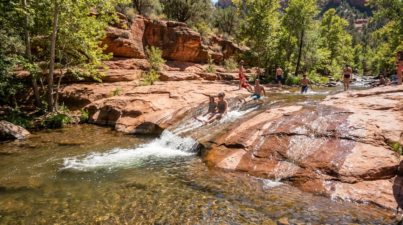Clear water sliding over a smooth reddish sandstone chute in a creek lined with green trees and low red canyon walls, dappled summer sunlight on wet rock and shallow swimming holes, Slide Rock Oak Creek Arizona, ultrarealistic photograph representative of the region