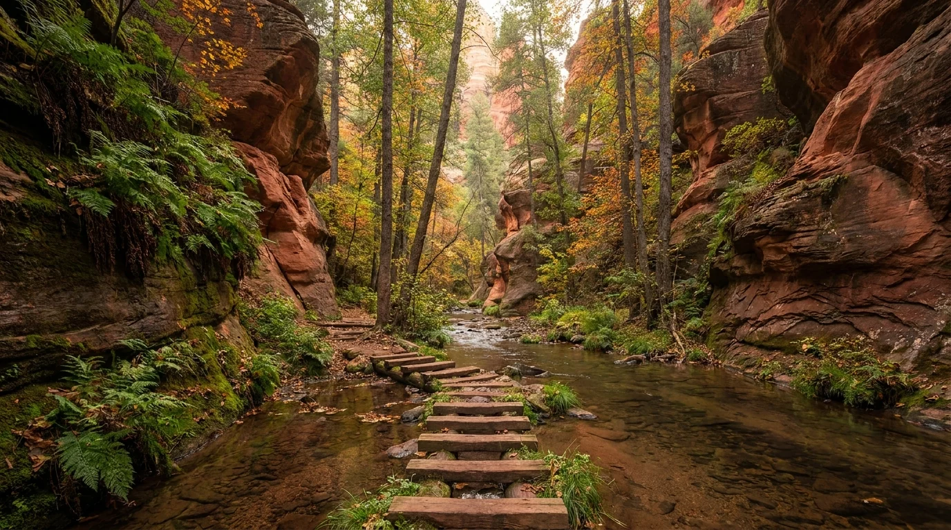 A shaded creekside trail crossing shallow clear water on stepping stones in a narrow red-walled canyon, tall trees and ferns lining the banks with early autumn color, cool diffused light, West Fork of Oak Creek Sedona Arizona, ultrarealistic photograph representative of the region