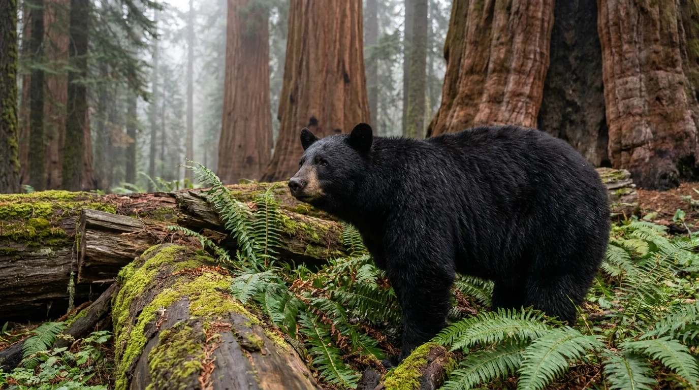 A wild black bear foraging in a green forest clearing among ferns and fallen logs at the edge of a sequoia grove, glossy dark coat, alert and at a respectful distance, soft overcast forest light, black bear Sequoia and Kings Canyon California, ultrarealistic photograph representative of the region