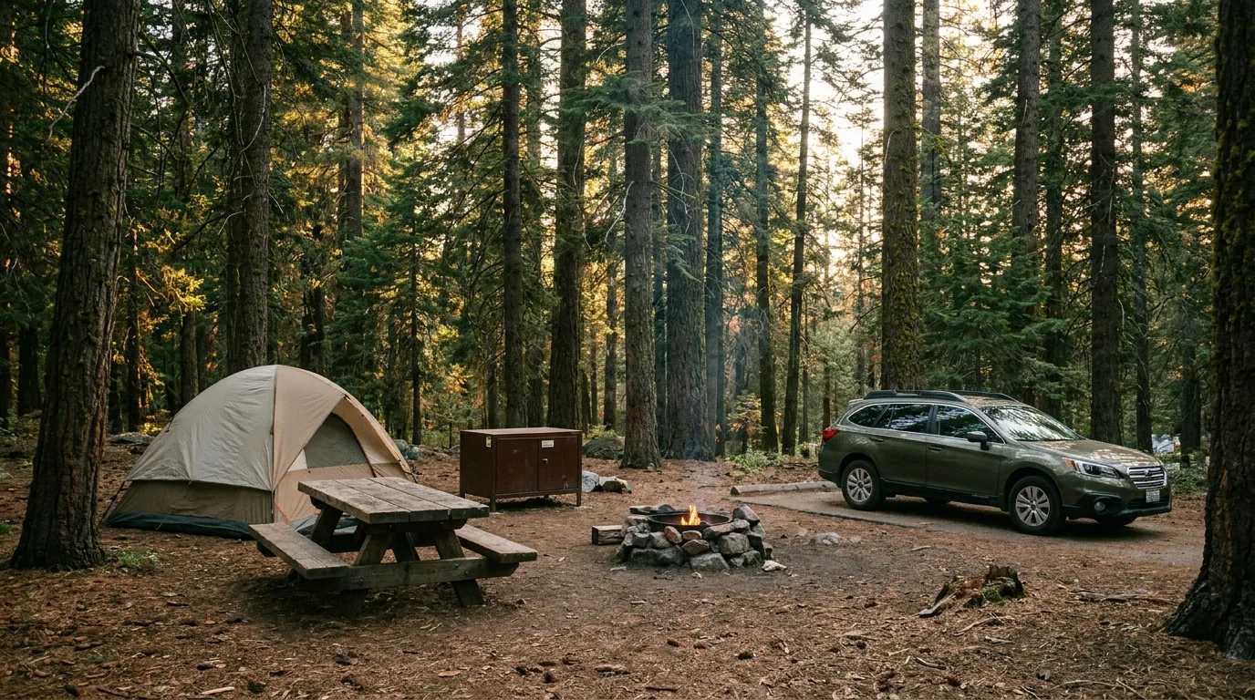 A quiet forest campsite among tall conifers with a tent and a picnic table beside a metal bear-proof food storage box, a fire ring, dappled evening light through the trees and a car on the pad, Sequoia and Kings Canyon National Parks California, ultrarealistic photograph representative of the region